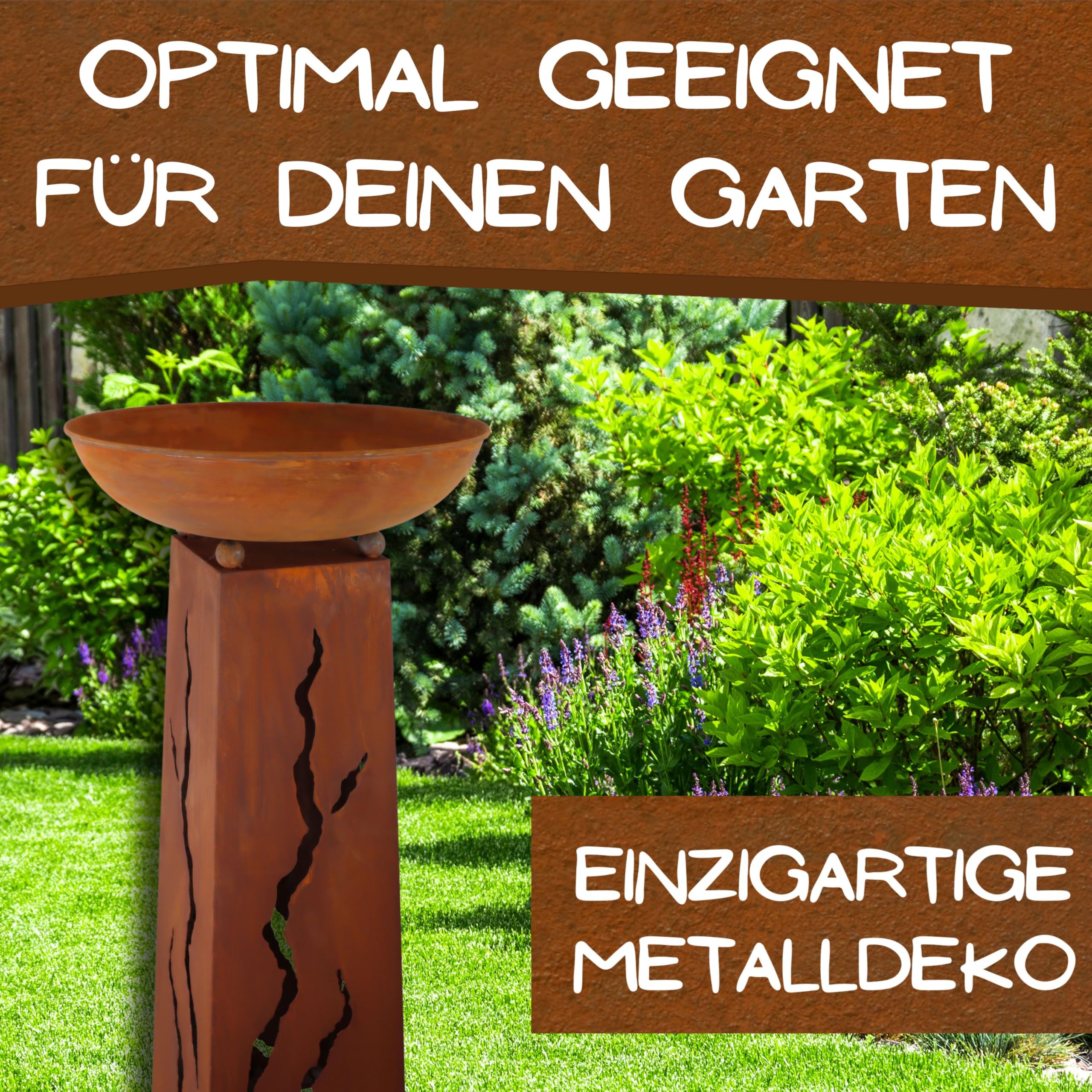Rostikal Edelrost Säule Flamme 1 m, Pflanzsäule mit Schale, Gartendeko Rost, Blumensäule Outdoor Vintage, Rostsäule für Garten und Terrasse, Handmade