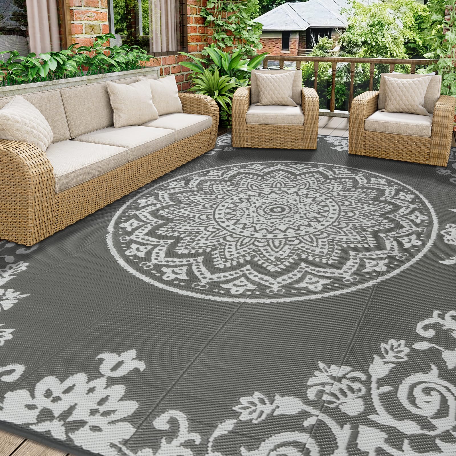 Homcomodar Outdoor Teppich Wetterfest 245x305cm Outdoor Teppich Balkon Waschbar Kunststoff Stroh Outdoorteppich UV-beständige Vorzeltteppich fur Garten,Patio Balkon,Deck,Pool,Hinterhof(Grau&Weiß)