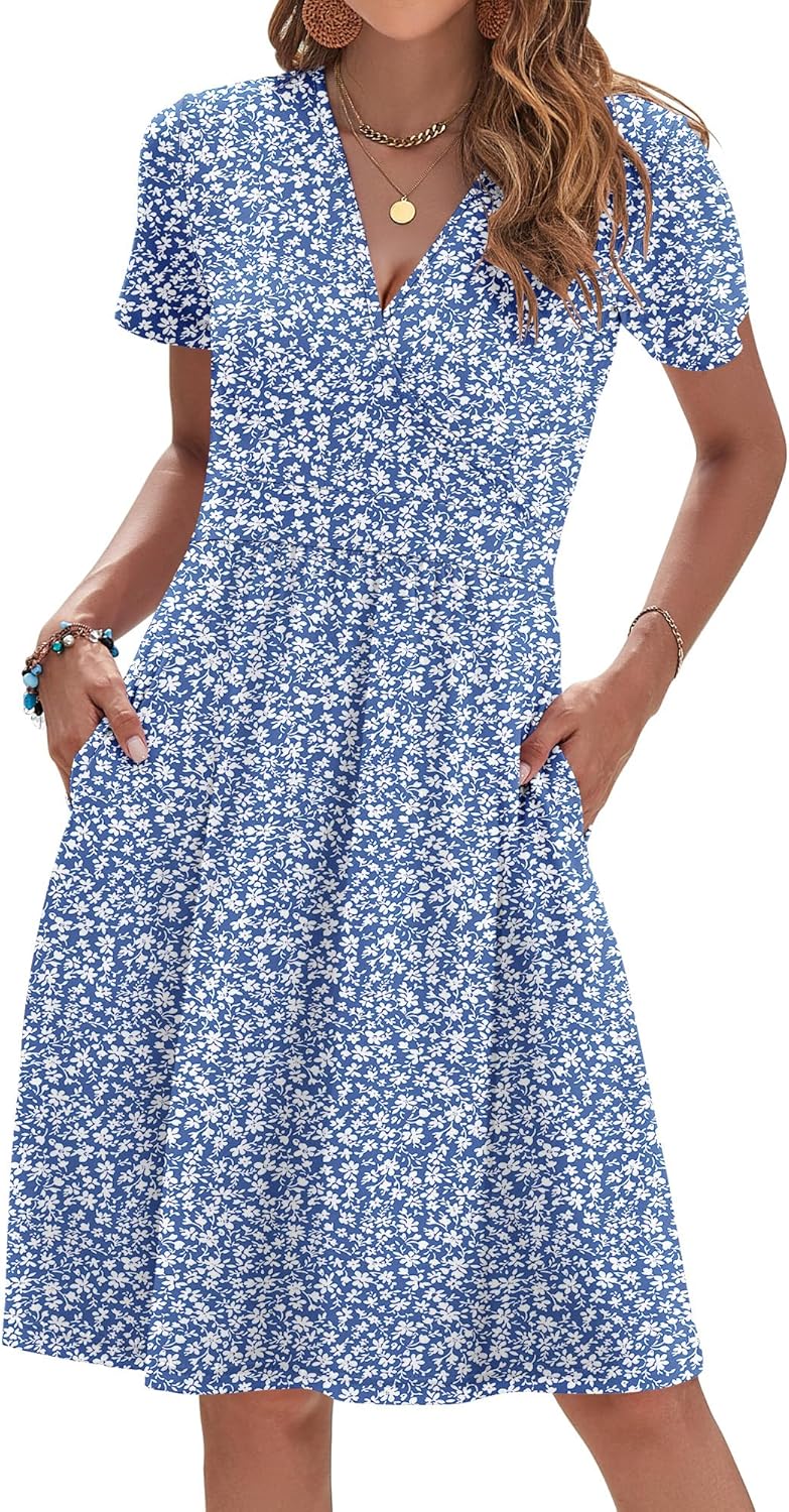 AUSELILY Womens Summer Dresses 2026 Short Sleeve V Neck Floral Sundress with Pockets