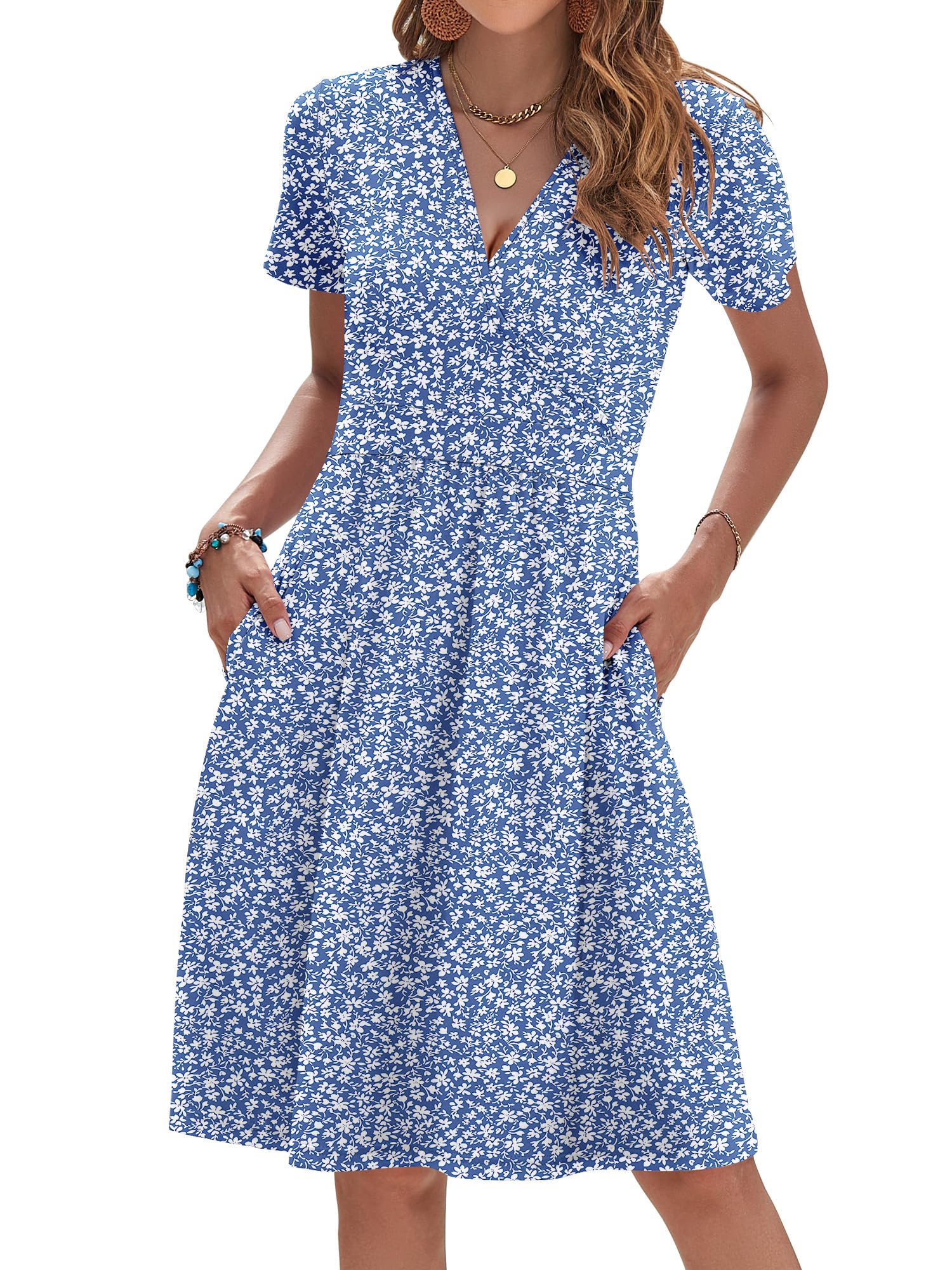 AUSELILY Womens Summer Dresses 2026 Short Sleeve V Neck Floral Sundress with Pockets
