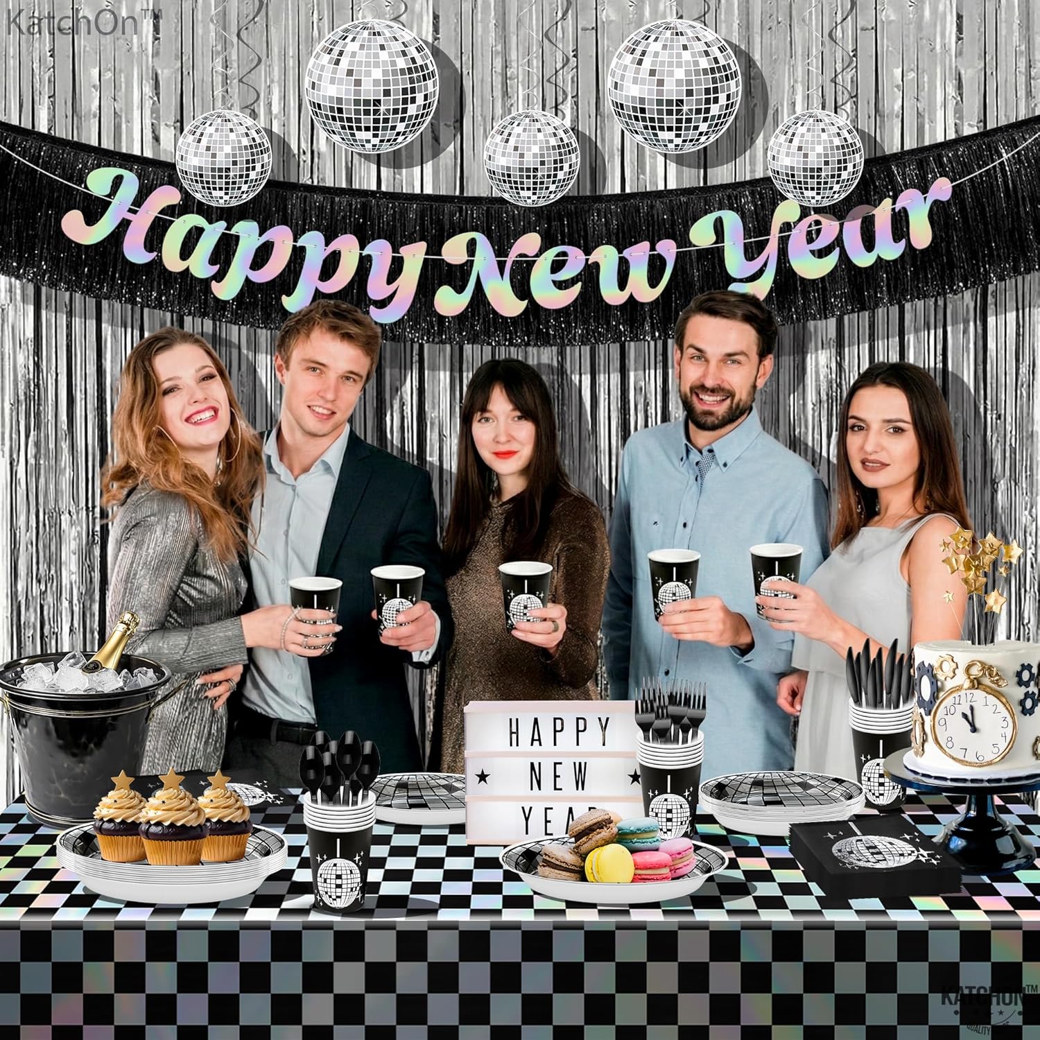 KatchOn, New Years Eve Party Supplies 2026 - Pack of 188, Serves 25 | Happy New Year Banner, Silver Fringe Backdrop, Happy New Year Plates and Napkins Set, Swirls, Tablecloth, NYE Decorations 2026