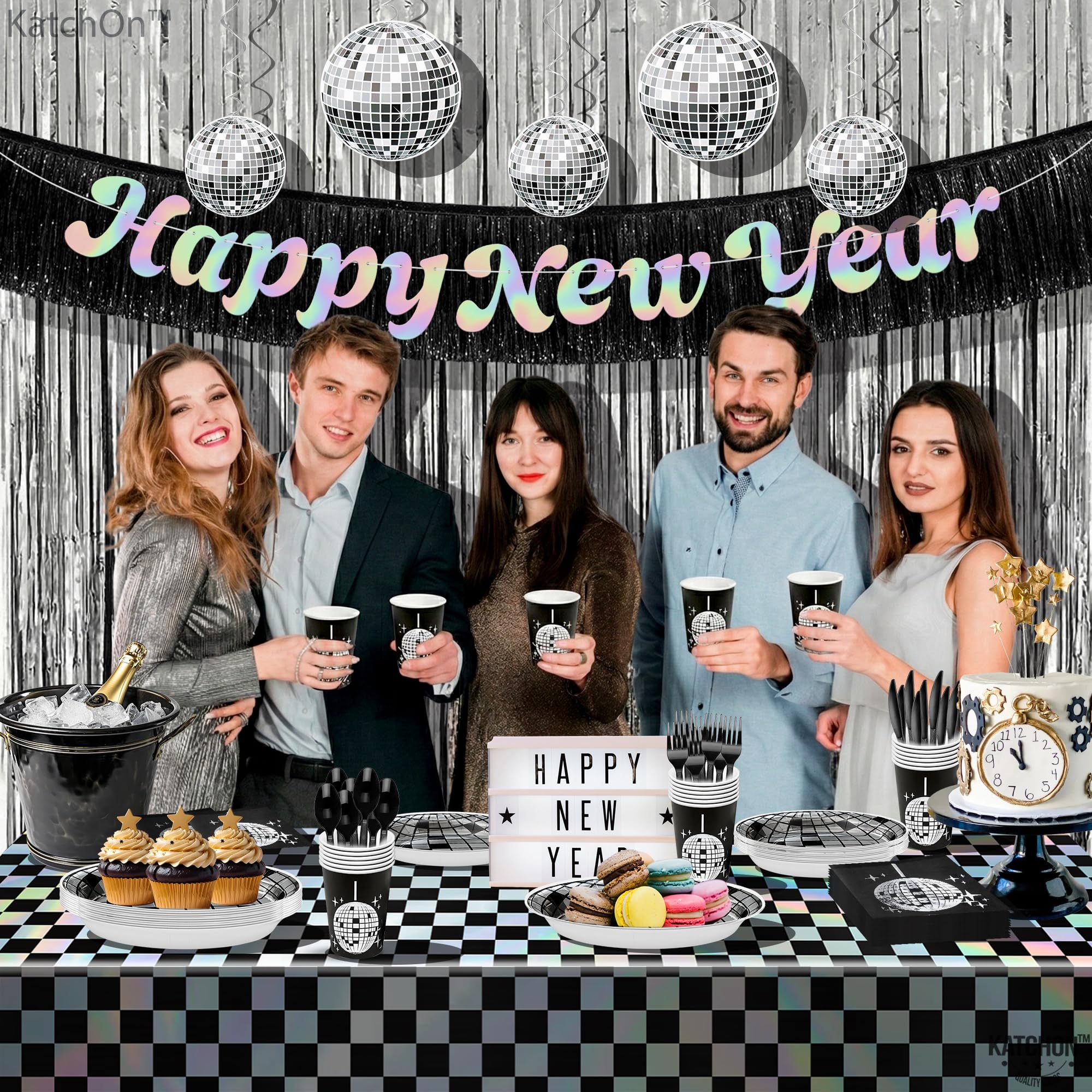 KatchOn, Suministros para fiesta de Año Nuevo 2025 – Paquete de 197 | Sirve 25, vasos, platos y servilletas de Feliz Año Nuevo | Globos de discoteca, flecos plateados | Mantel iridiscente plateado,