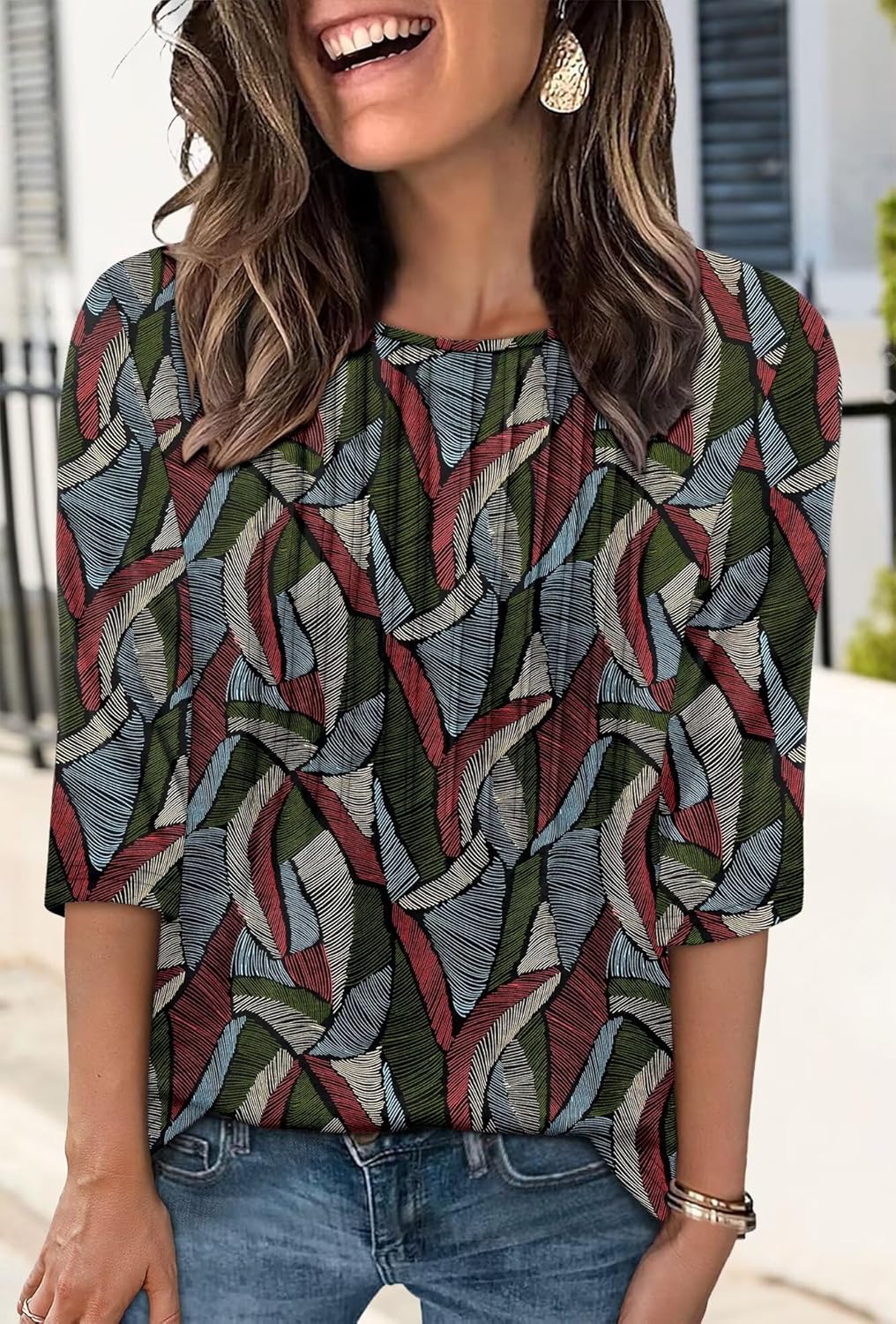 KISSMODA Women's Round Neck Pleated 3/4 Sleeve Tunic Top - Image 3