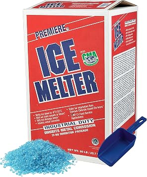 (50 Lbs) - Premiere Ice and Snow Melter, Fast Acting Salt-Based Ice Melter with CMA, Effective to Below Zero -8F, Blue, Safer for Concrete, Plants, Shoes and Metal