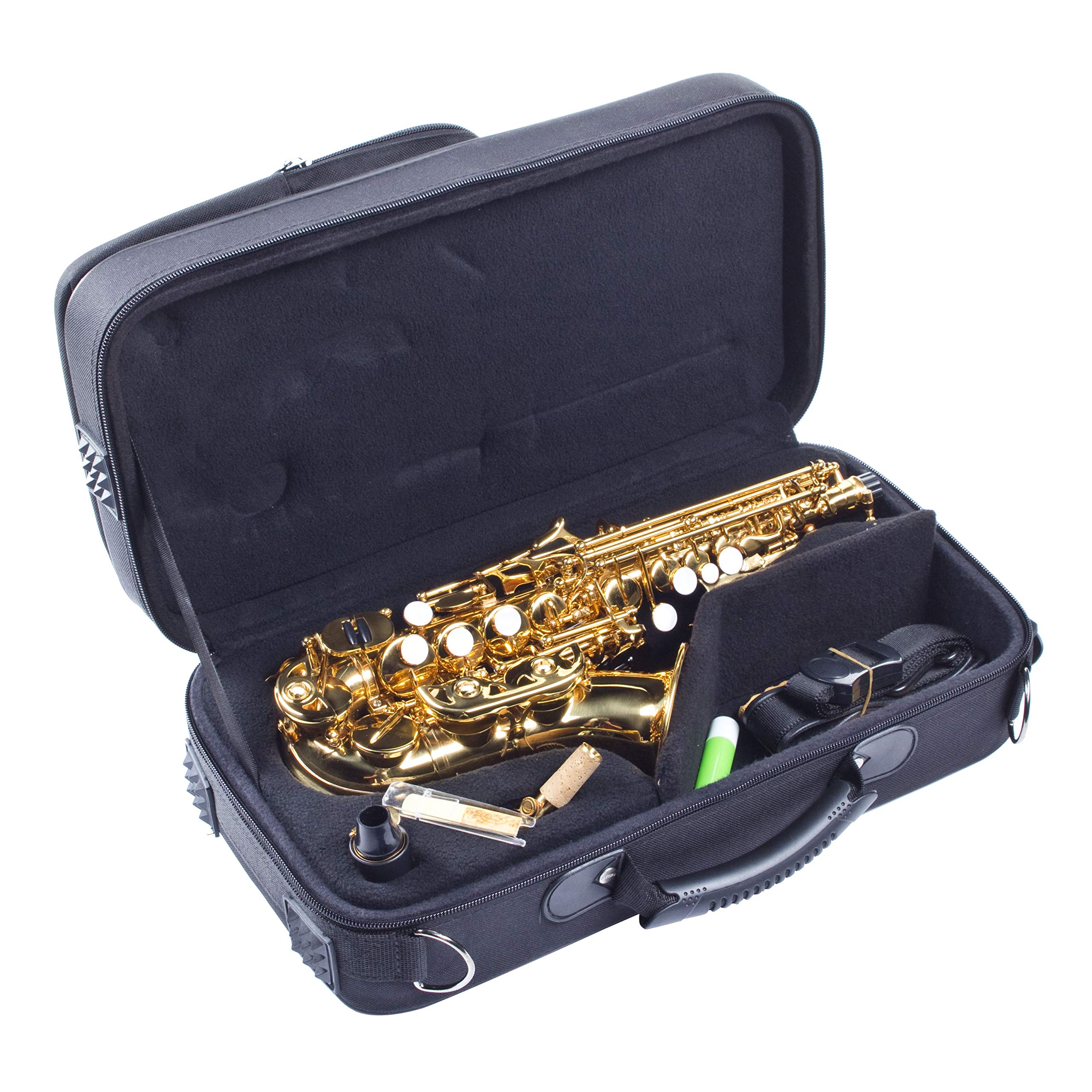 Monzani MZSC-233 Sopransaxophon, Bb Stimmung, Messing Mechanik, Goldlack Finish, Inklusive Mundstück und Hardcase, Ergonomische Mechanik, Ausgewogener Klang, Italienische Polster und Federn, 1.44kg