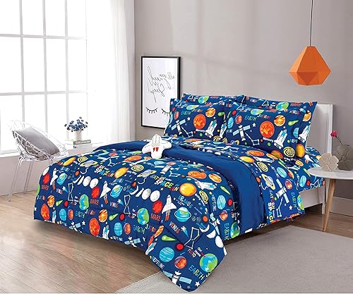 Sapphire Home Juego de ropa de cama Queen de 8 piezas con temática espacial para niños, cama en una bolsa, juego de edredón para niños con sábanas