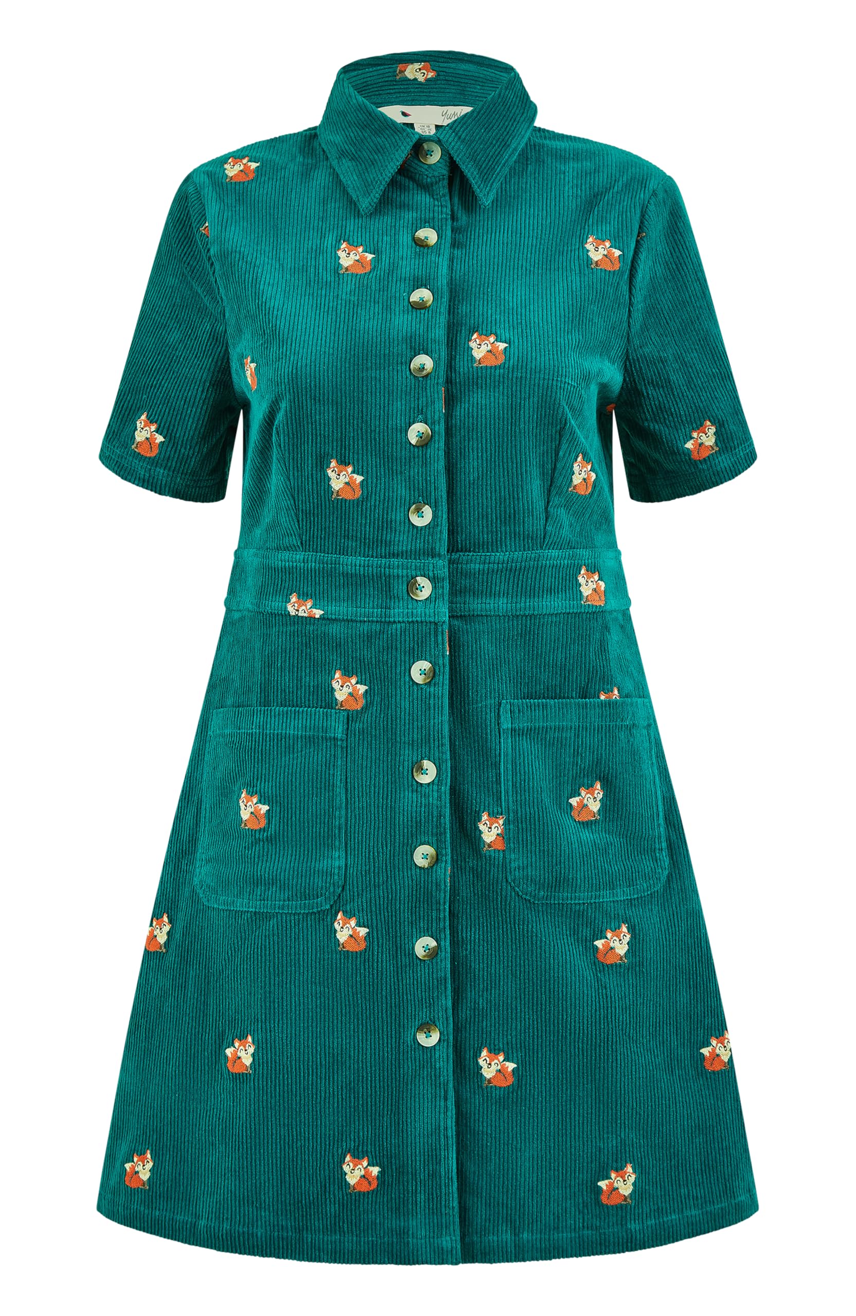 Yumi Teal Cord Shirt Dress with All Over Fox Embroidery (UK, Numeric, 16, Regular, Regular, Teal)