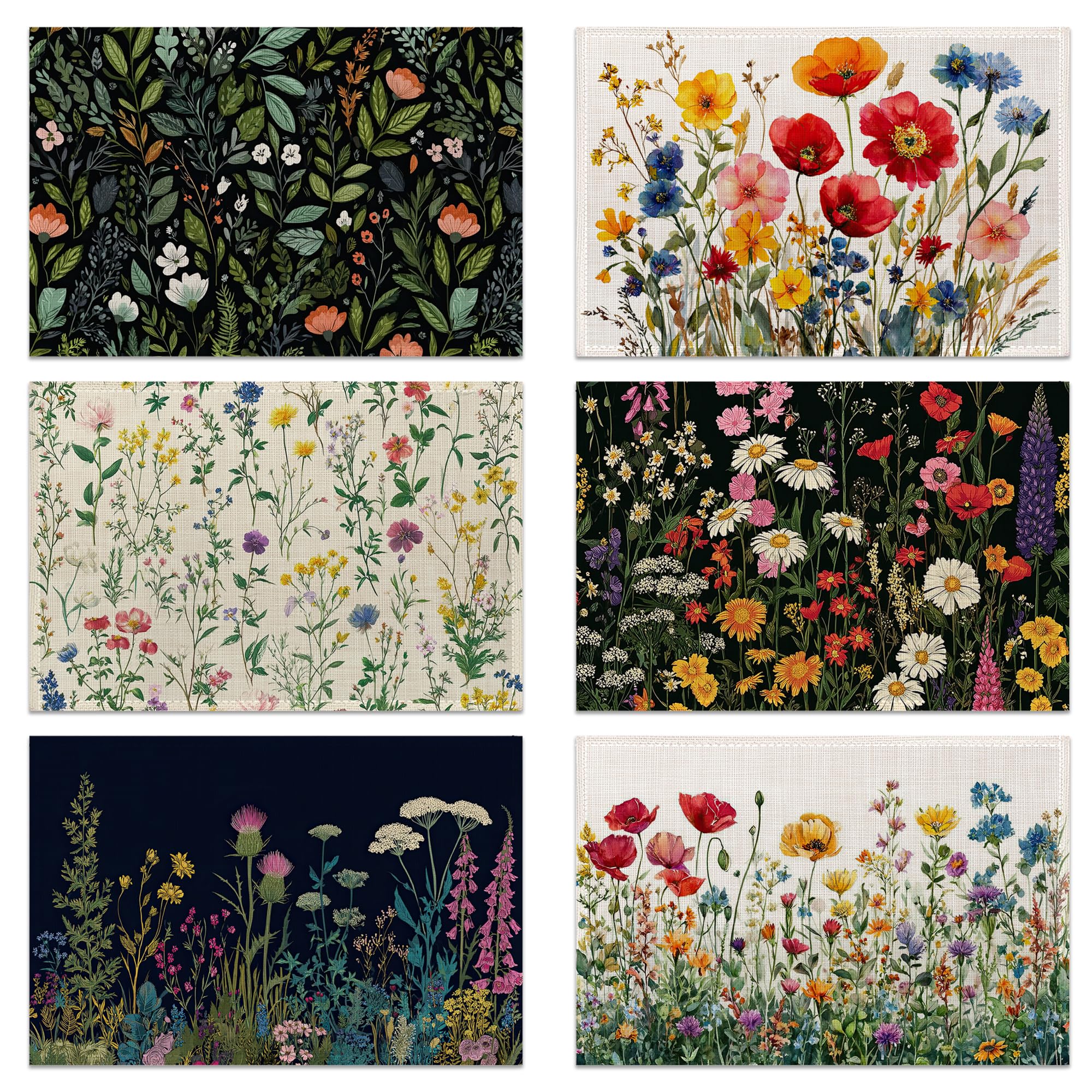 Wildflower Placemats Set of 6, Linen Dining Table Mats, Washable Heat Resistant Place Mats for Kitchen Holiday Party, 45 x 30 cm