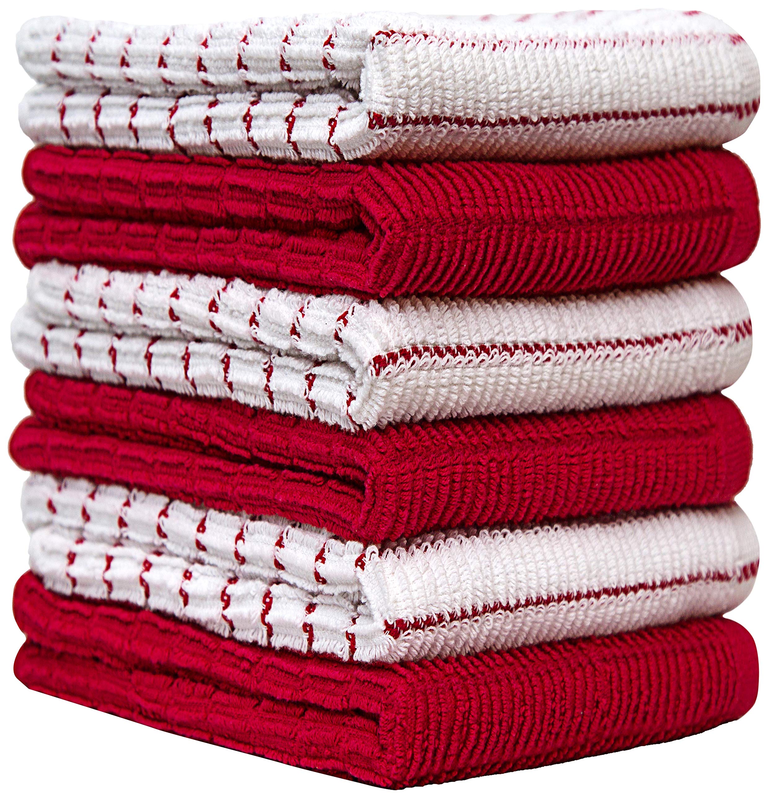 6er Pack große Geschirrhandtücher / 16” x 26” / 40 x 71 cm / 3 x garngefärbtes Koch-Webmuster + 3 x einfarbig / Baumwoll-Handtücher / Set aufeinander abgestimmte Küchenhandtücher / Edel & weich (Rot)