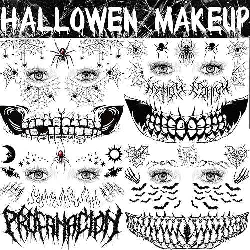 Miniatura 6 de COKTAK 4 hojas de tatuajes faciales de Halloween aterradores para mujeres, hombres y adultos, cicatrices de heridas falsas, maquillaje de bruja para