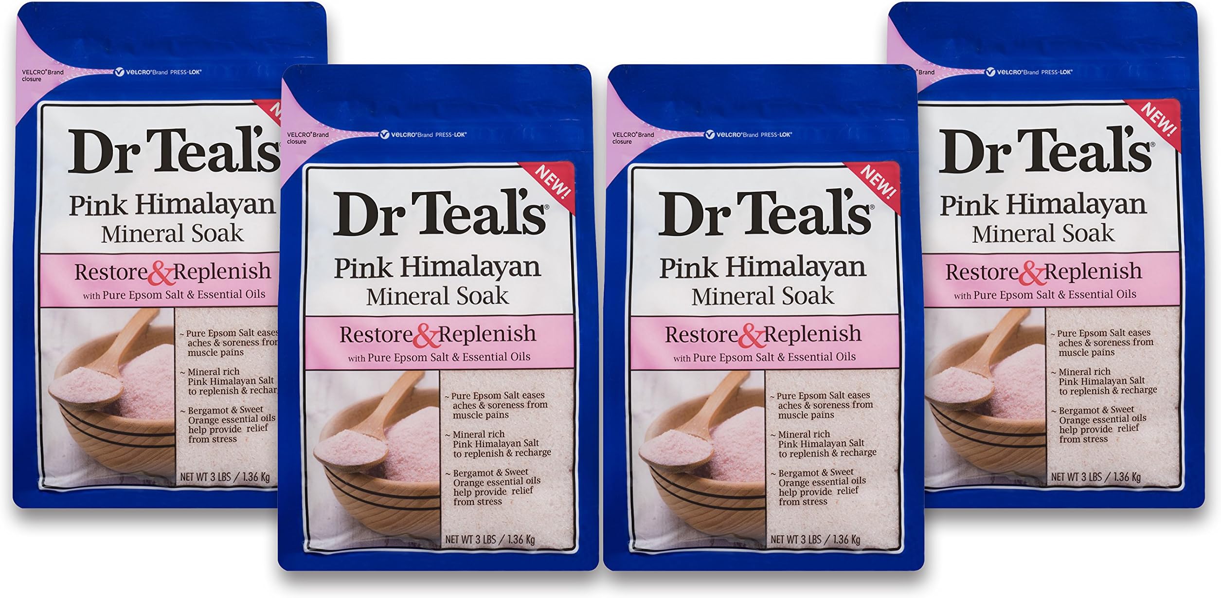 Dr Teal's Epsom Salt Soaking Solution, Restore & Replenish, Pink Himalayan Mineral Soak, 4 Count - 3lb Bags, 12lbs Total