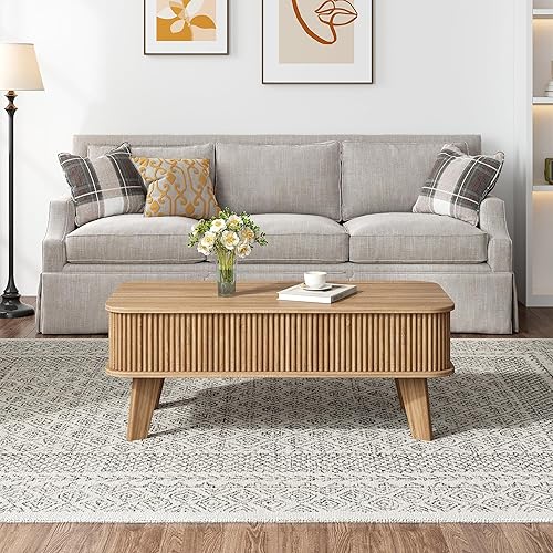 Miniatura 3 de Mesa auxiliar con parte superior acanalada con almacenamiento, mesa de centro de madera moderna con compartimento superior oculto para sala de