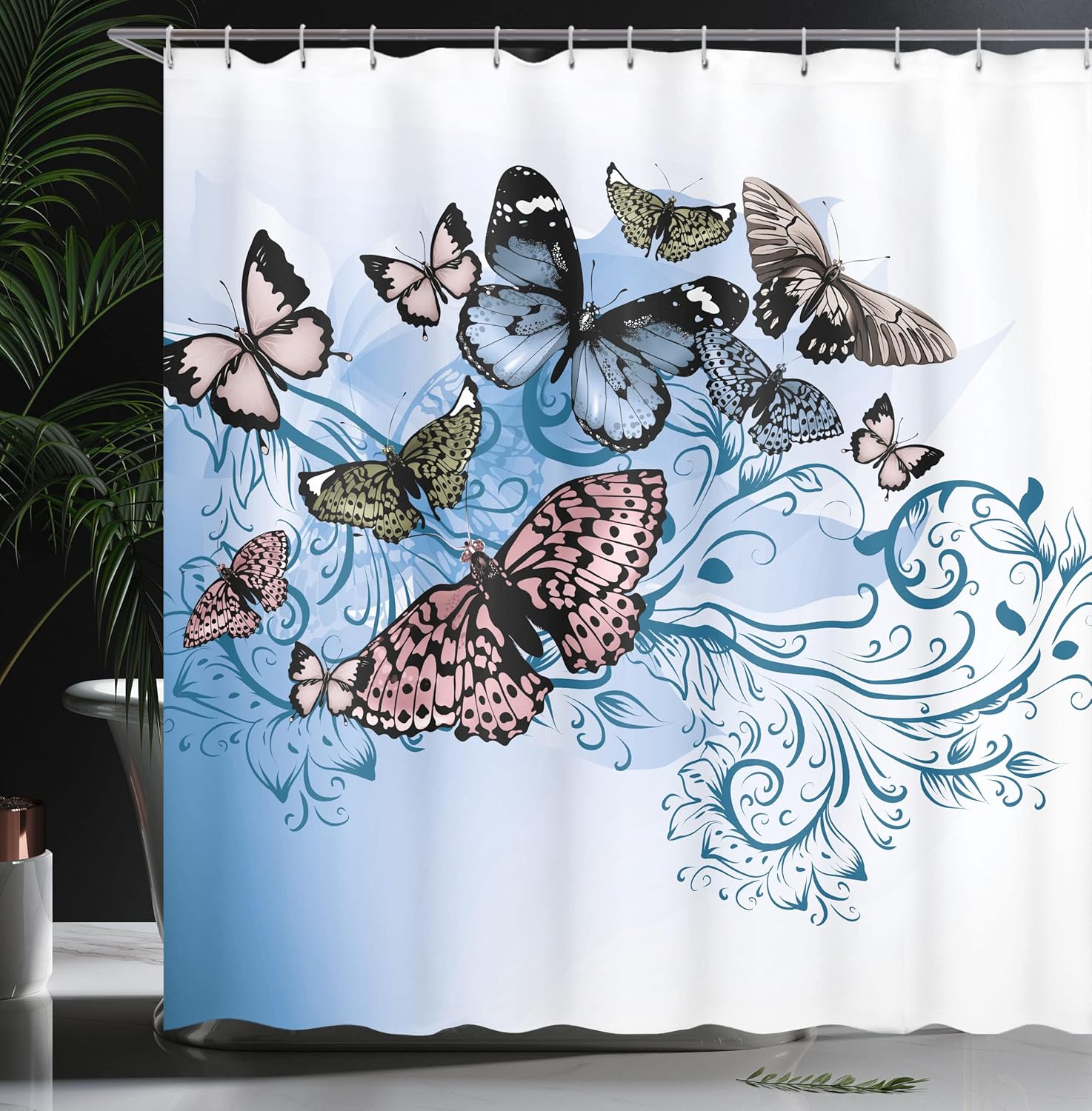 Ambesonne Butterfly Shower Curtain, Monarch Butterflies Vintage Damask Inspired Design, Cloth Fabric Bathroom Decor Set with Hooks, 69" W x 70" L, Dark Sky Blue