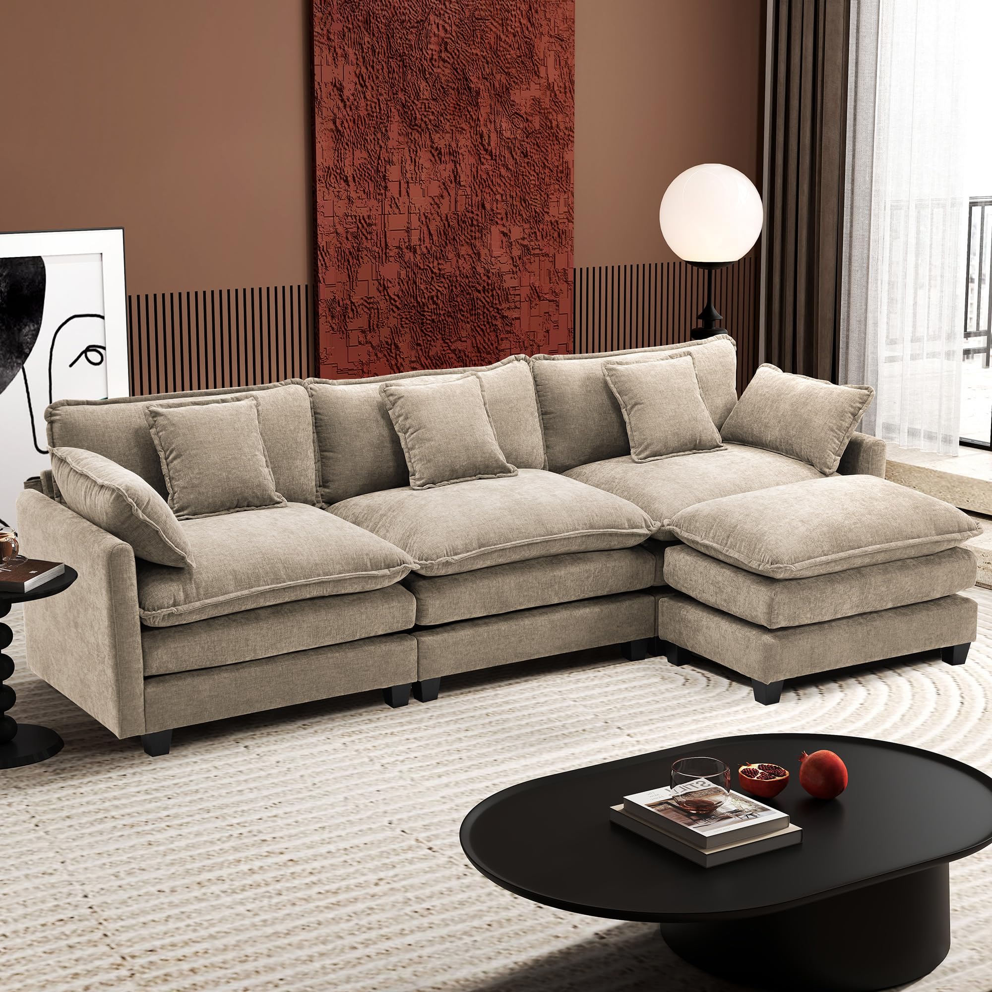 Ihanherry 111.4" L Shaped Modern Sofa Modular Sectional Luxurious and Comfortable with Ottoman, 4-Seat Chenille Deep Seat Sofa with Pillow for Living Room, Bedroom and Apartment, Sand
