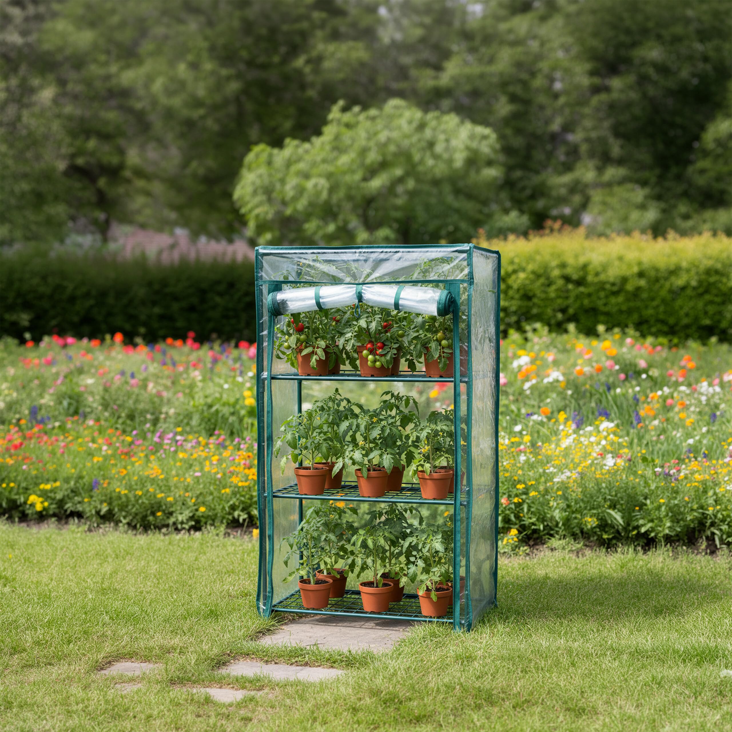 Relaxdays Serre Balcon, Lot de 2, Film PVC, Acier, HxLxP 80 x 46 x 24 cm, Serre tomates 3 étages, Vert/Transparent