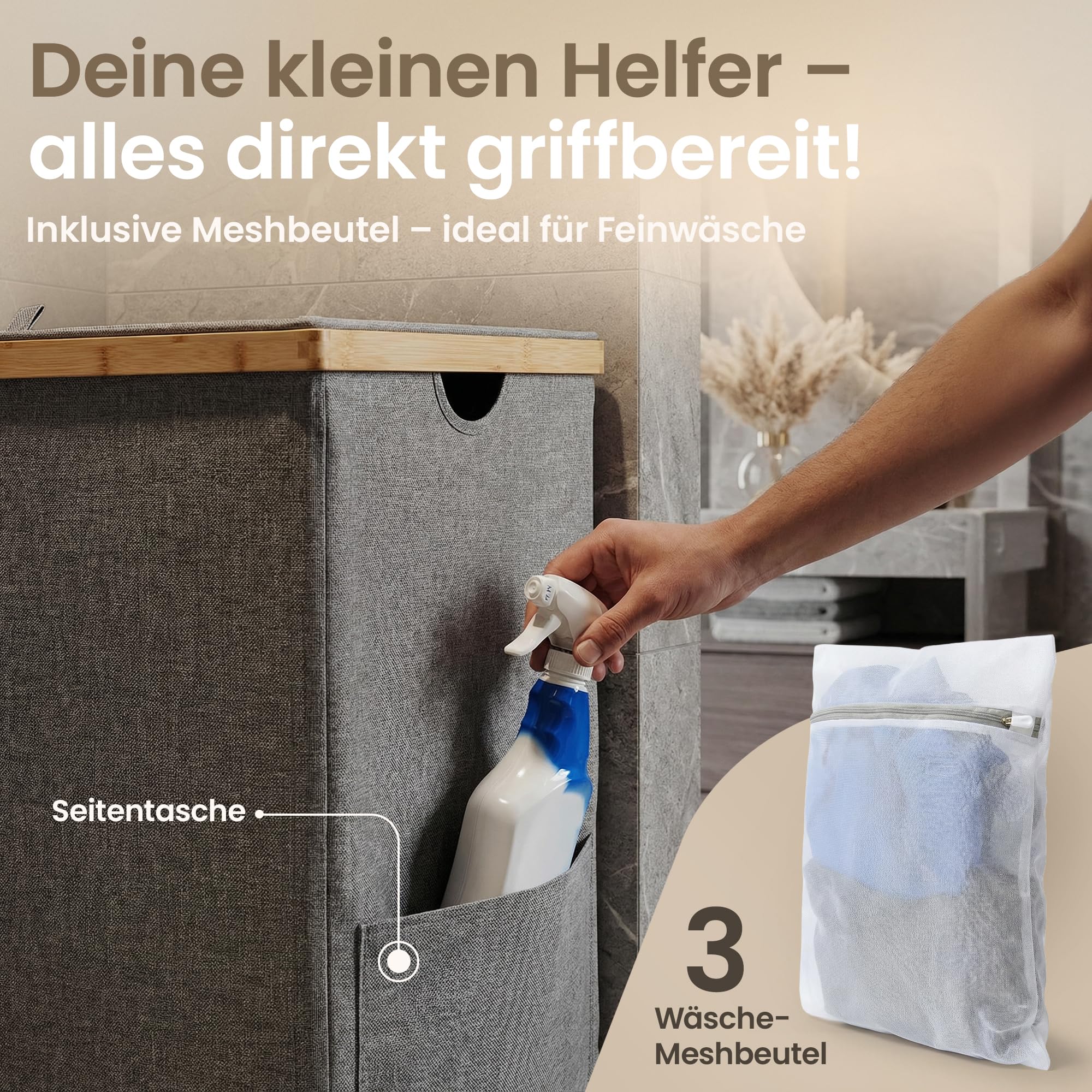 Wäschekorb 3 Fächer mit Deckel – kein Klett, keine Schlaufen, herausnehmbare Wäschesäcke, stabiler Bambusrahmen, 150L Wäschesammler, mit Seitentasche & 3 Waschbeuteln, grau – Evolune Living - 5