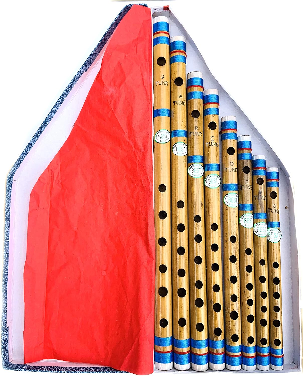 Professional Set of 8 Indian Bamboo Flutes Transverse Scales G to A