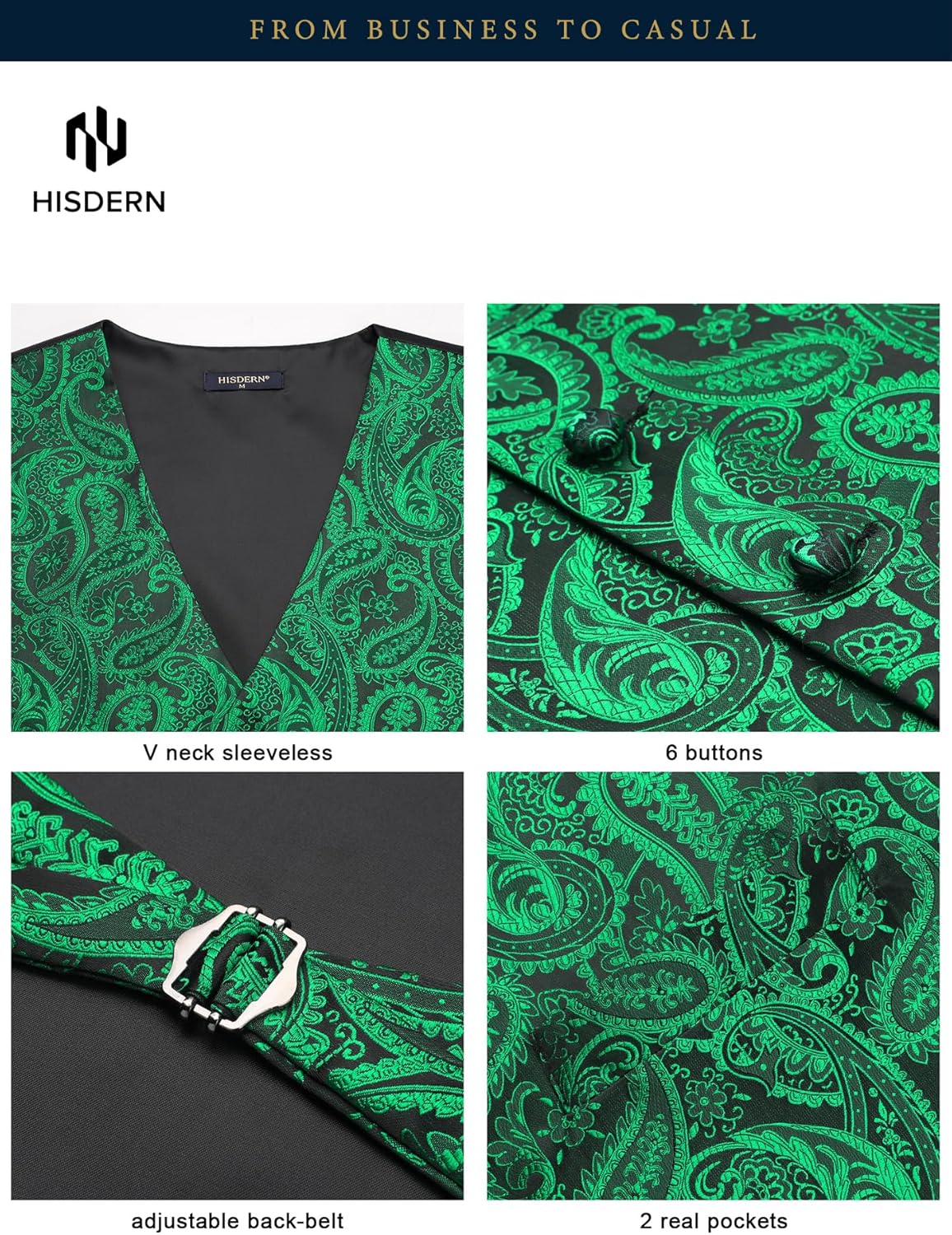 HISDERN Green Suit Vest 3PC Floral Paisley Jacquard Mens Vests and Tie Pocket Square Set Formal Business Tuxedo Waistcoat for Wedding Party - Image 4