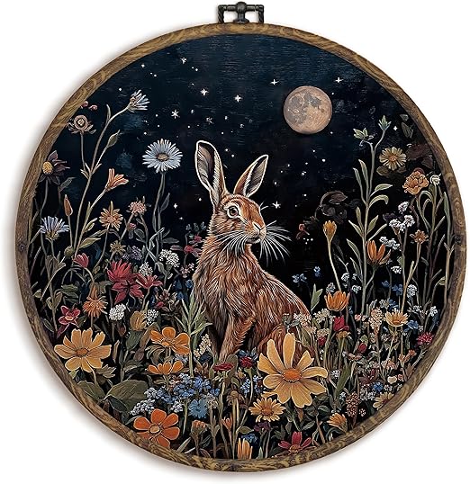 KFXHANGD Vintage Witchy Bunny Round Wall Art Framed, Dark