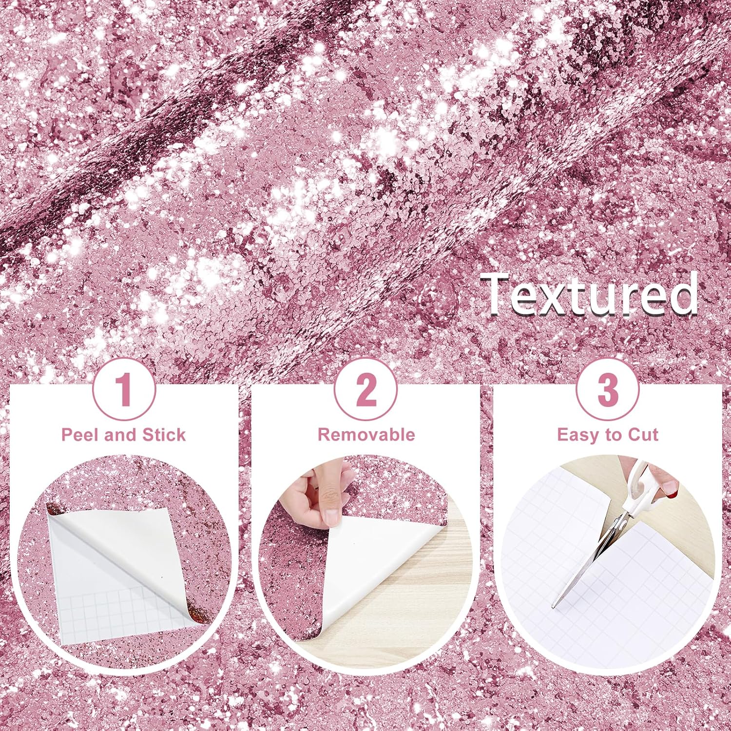 Pink Chunky Glitter Wallpaper Peel and Stick Textured Sparkle Glitter Contact Paper Removable Self Adhesive Sequins Twinkle Vinyl Roll for Cabinet Furniture Birthday Backdrop Girls Room DIY