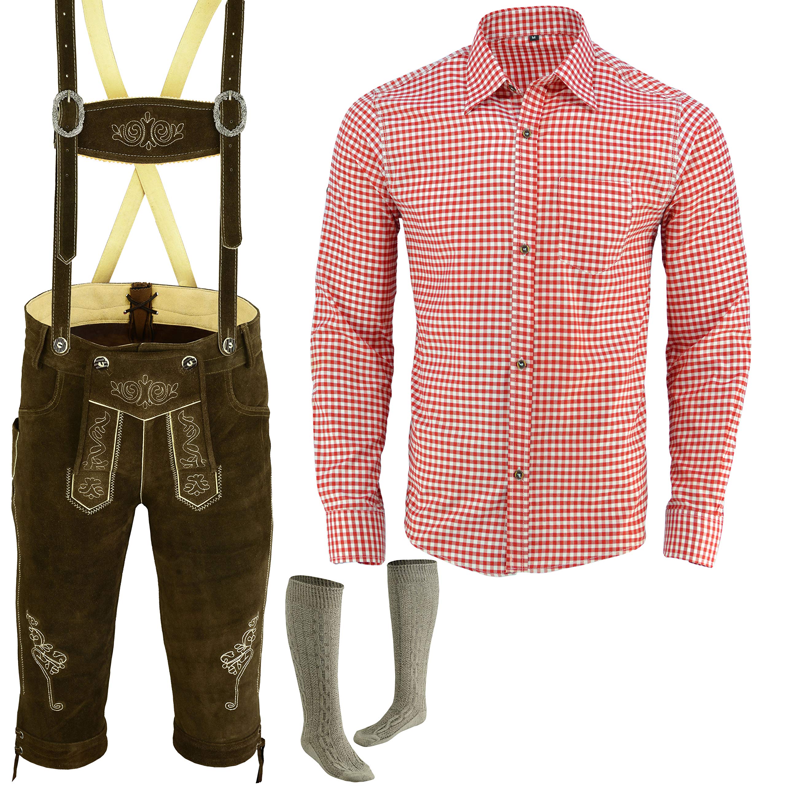 Trachten Set Herren Trachten Lederhose Herren Größe 46-62 Bayerische Traditionelle hemd Echt Lederhose für Oktoberfest Trachtenset,Hose,Hemd,Socken Neu