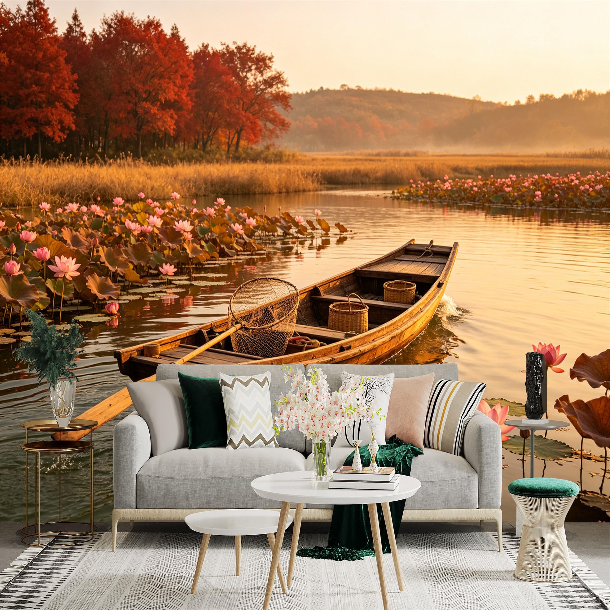 Custom Size Wall Sticker Mural， Wooden Boat on Calm Lake， Pink Water Lilies， Autumn Red Forest Scenery， for wall Decoration， peelandstick wall Decals.