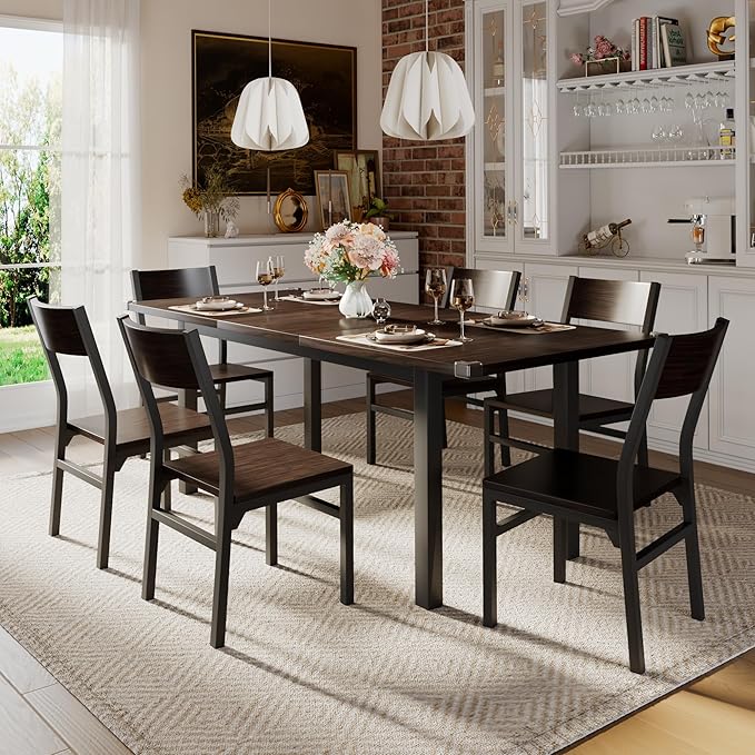 iPormis 7 Pieces Dining Table & Chairs Set for 4-6, 63" Extendable Kitchen Table and 6 Chairs, Dining Room Table with MDF Board & Metal Frame, Perfect for Small Space, Easy Clean, Espresso