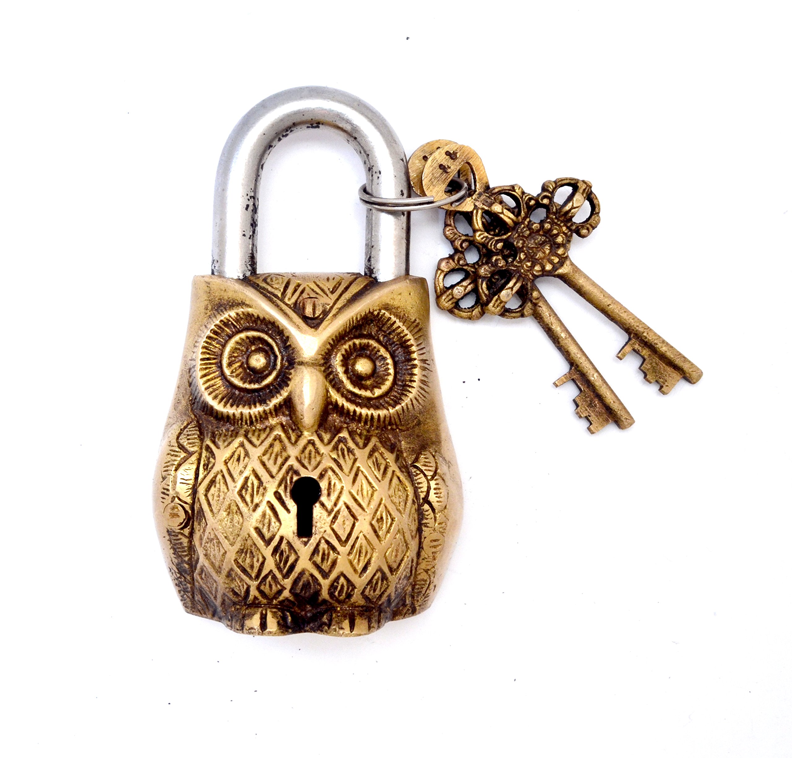 Two Moustaches Owl Design Golden Functional Brass Lock With 2 Keys (Golden, Standard) - Key Lock
