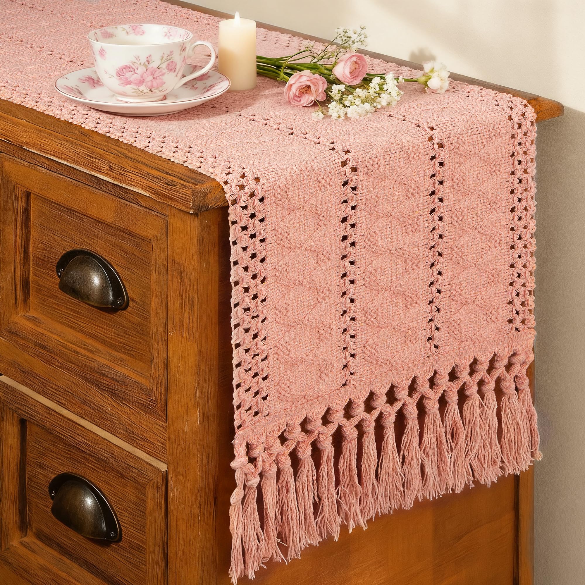 FEXIA Pink Table Runner 72 Inches Long with Tassels Boho Farmhouse Macrame Summer Pink Room Dining Bedroom Baby Bridal Shower Decor(12x72 Inches)