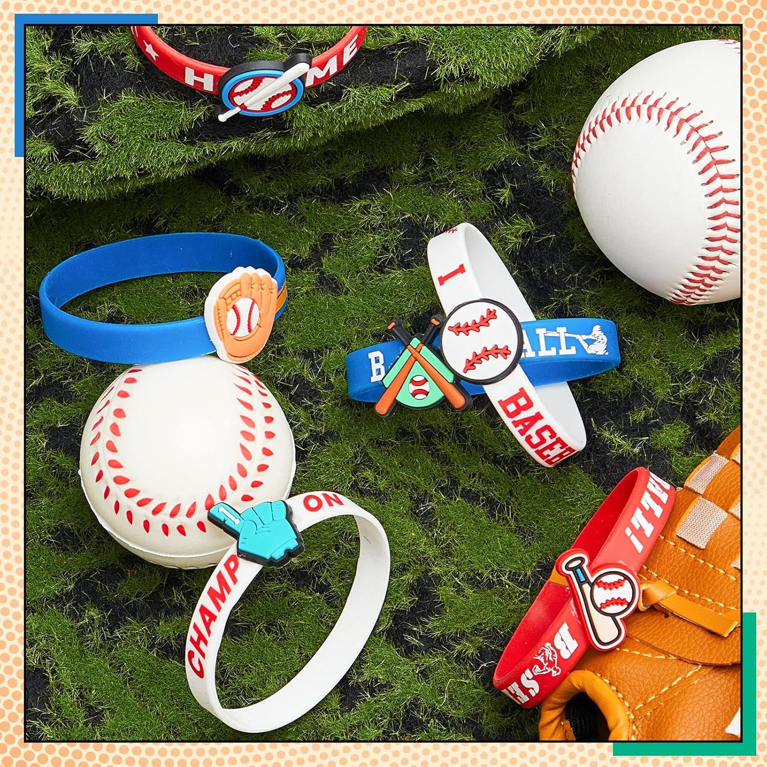 24 Pcs Valentines Baseball Bracelets Gifts Baseball Party Favors Rubber Wristbands Motivational Bracelets with Patch for Valentines Sports Party