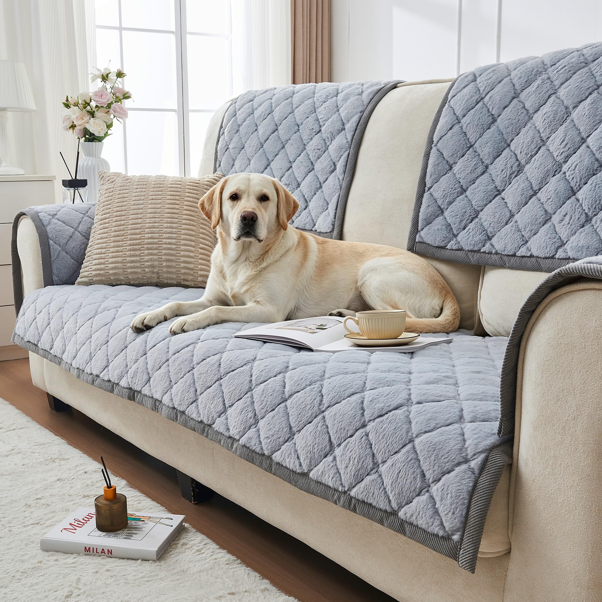 beeweed Thick Sofa Cover, New Faux Mink Velvet Universal Sofa Slipcovers for 2/3/4 Seater, Non-Slip Washable Furniture Protector for Corner Couch, Sofa Cover (Light Grey, 70x210cm)
