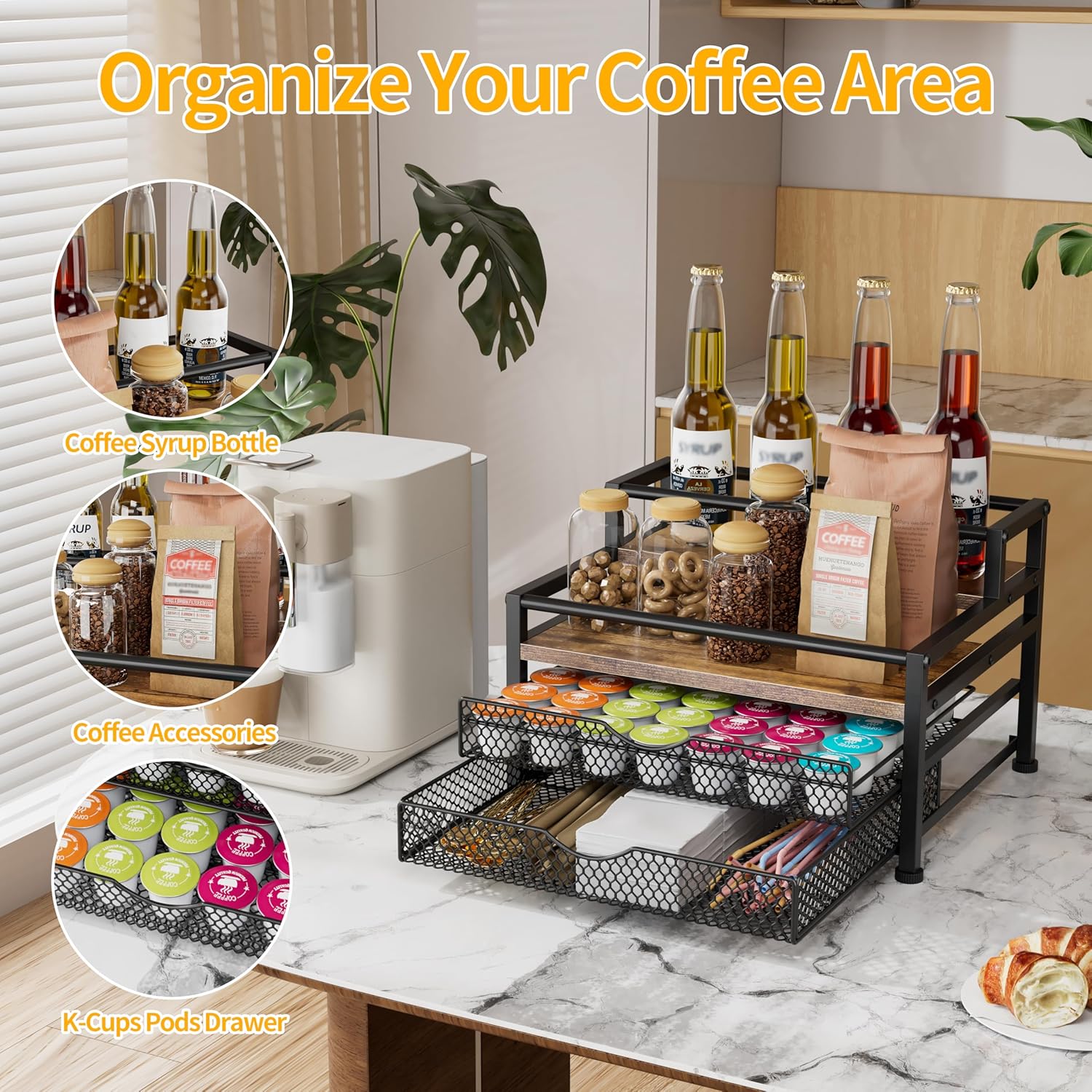 4 Tier Coffee Syrup Rack Organizer, Coffee Bar Organizer for Countertop, Coffee Station Organizer with 2 Sliding Drawers for Pods, K Cup Holder, Stirrer and Condiment, Brown