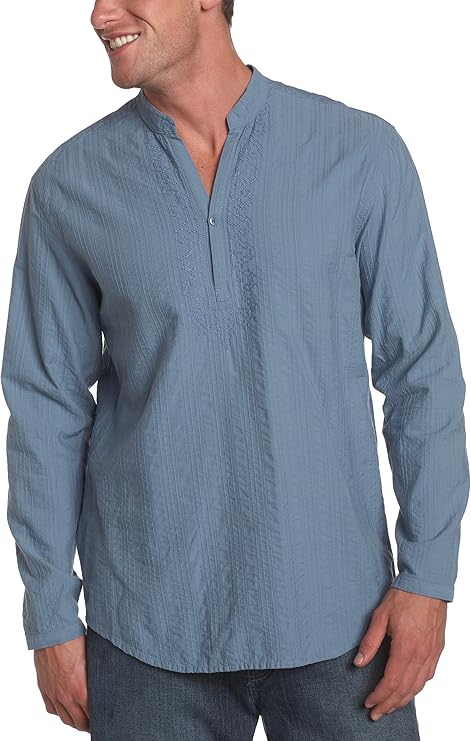 Cubavera Men's Long Sleeve Embroidered Cotton Popover, Azul (Copen Blue
