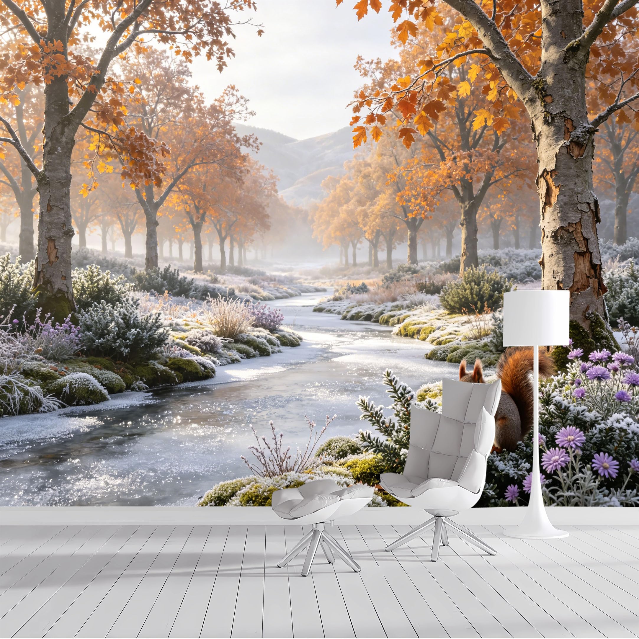 Custom Size Wall Mural Autumn Forest Winter Stream Nature Landscape Watercolor Squirrel SelfAdhesive Wall Fabric Removable Peel and Stick Wallpaper for Living Room Bedroom Bathroom
