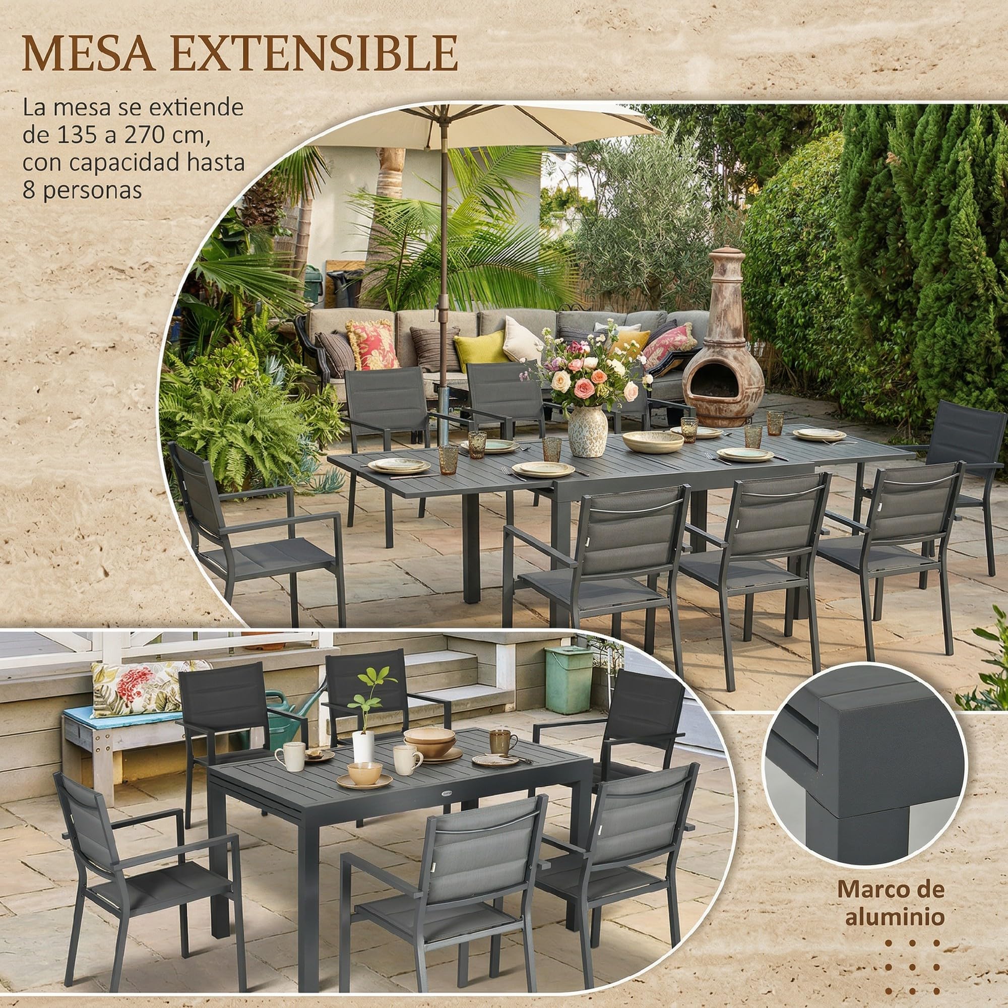 Outsunny Conjunto de Muebles de Jardín de 9 Piezas Mesa Extensible Gris | 8 Sillas Apilables, Juegos de Comedor de Jardín Exterior, Estructura de Aluminio, Terraza y Patio