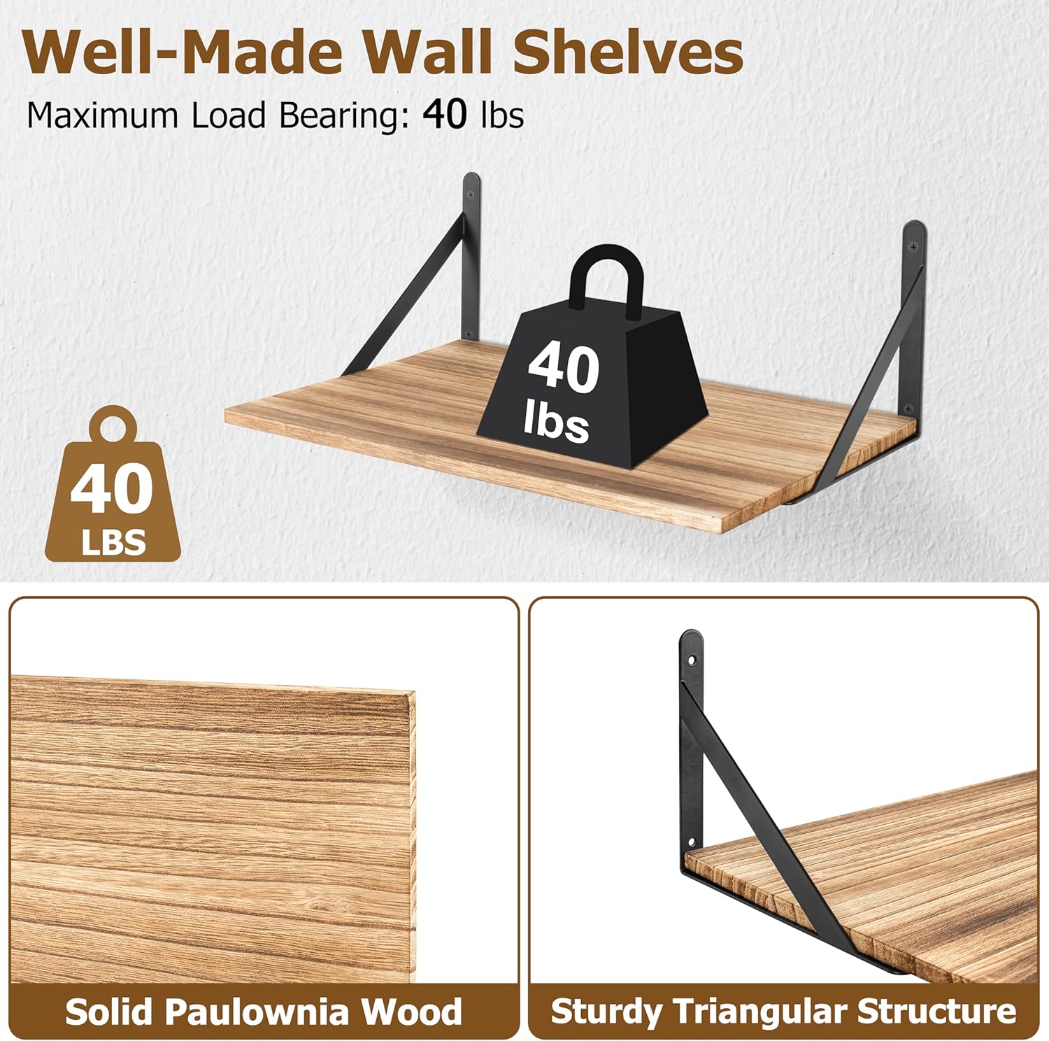 RedCall フローティングシェルフ 幅16インチ x 奥行き12インチ 木製ウォールシェルフ リビングルーム、ベッドルーム、キッ