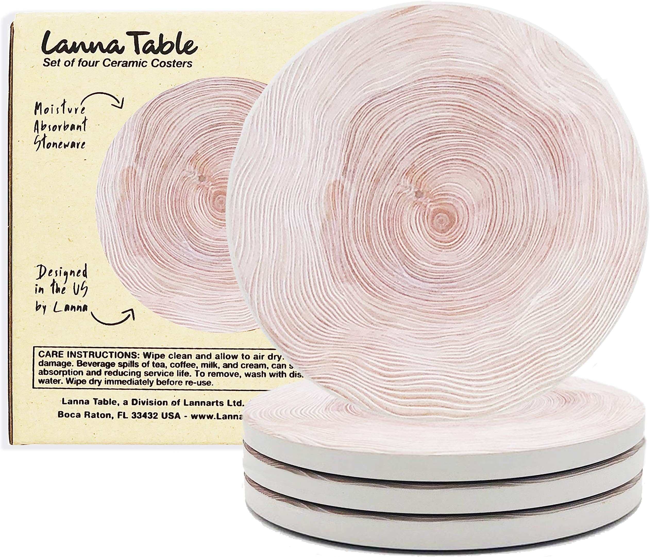 Lanna Coasters for Drinks Set of 4 Absorbent Ceramic Stone Coasters for Wooden Tables with Foam Base Hold All Kinds of Glasses - Perfect Housewarming Gifts, Home Decor to New Room (Timber Texture)