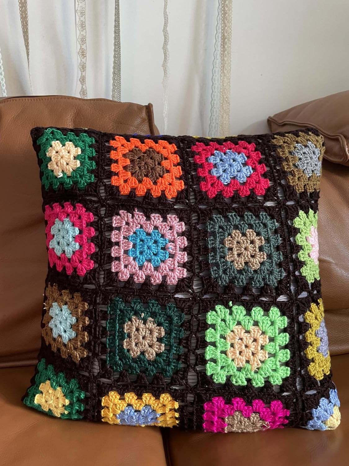 RISEON Granny Square Pillowcase Colorful Crocheted Pattern Throw Pillow Cover Crochet Cushions Cover for Couch Sofa Chair Boho Home Decor gift-17.7 x 17.7 inches (Dark brown)