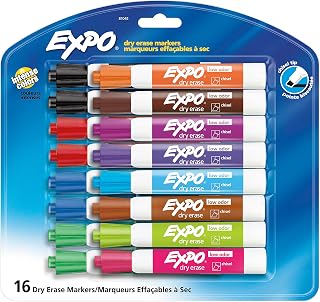 EXPO Dry Erase Markers, Whiteboard Markers with Low Odour Ink, Chisel Tip, Assorted Colours, 16 Count