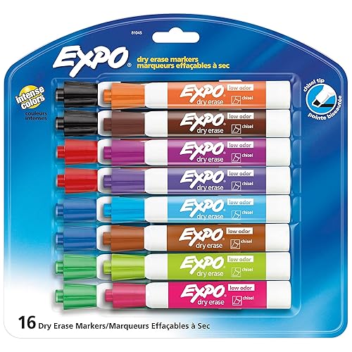EXPO Low Odor Dry Erase Markers, Chisel Tip, Assorted Colors, 16 Count - 16 Count (Pack of 1) - Markers