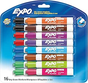 EXPO Low Odor Dry Erase Markers, Chisel Tip, Assorted Colors, 16 Pack