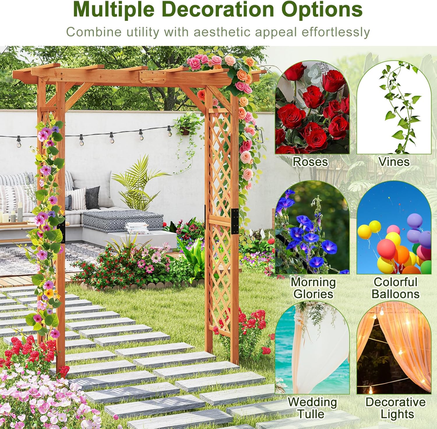 Collage of images showing various decoration options for the arbor, including roses, vines, morning glories, colorful balloons, wedding tulle, and decorative lights.