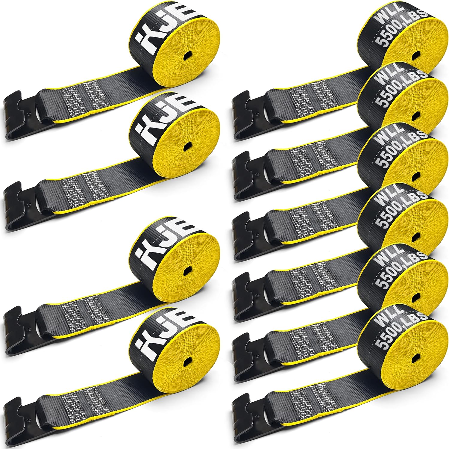 KJE 10 Pack Reflective 4 Inch Straps for Flatbed Trailer, 4" x 30' Black Heavy Duty Tie Down Truck Strap, WLL# 5,500 lbs w/Flat Hooks Winch Straps, Cargo Control for Flatbed Truck