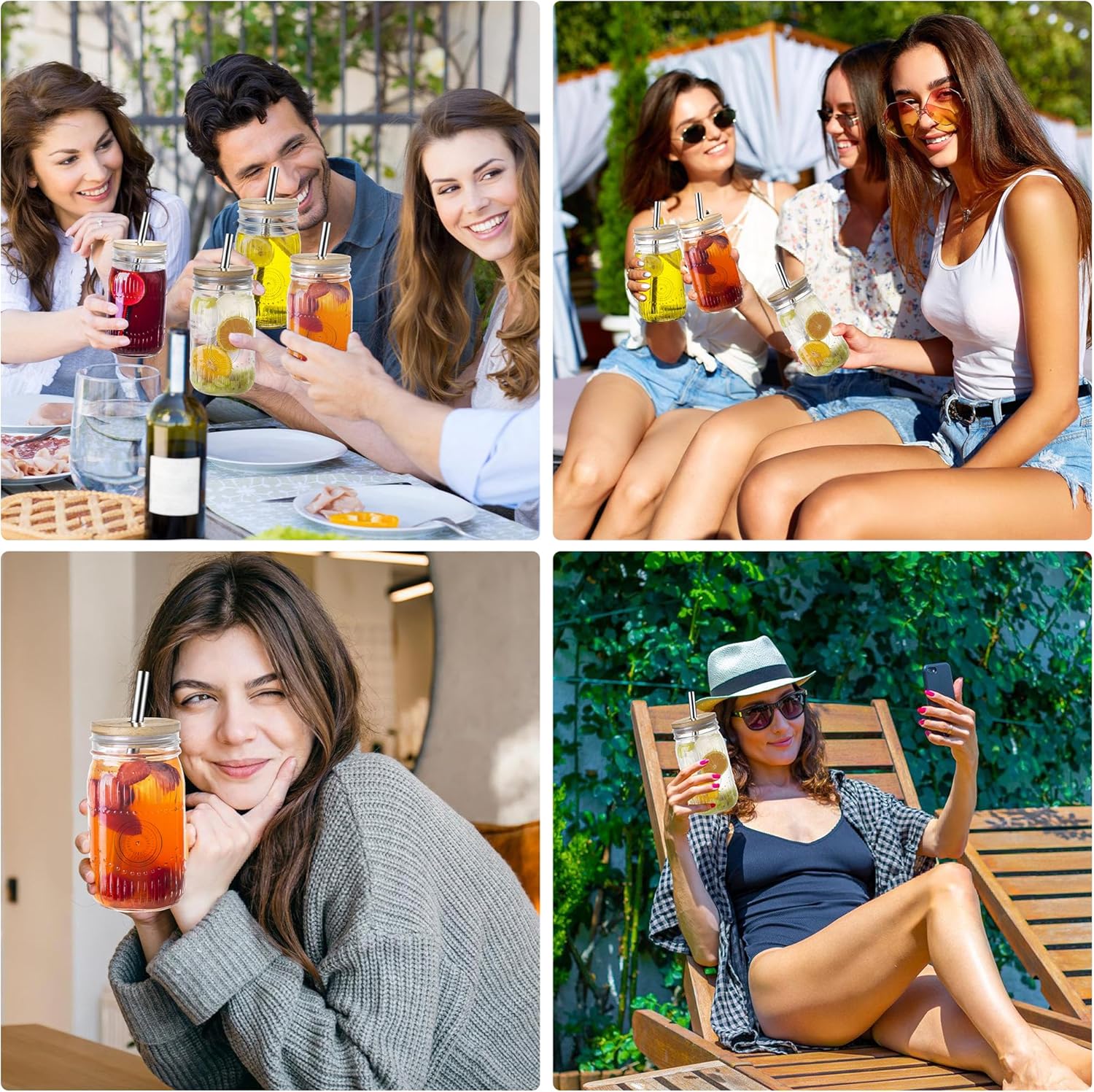 Amzcku 32oz vintage Mason Jars with Bamboo Lids and Stainless Steel Straws -Wide Mouth Quart Canning Jar, Reusable 32oz Boba & Smoothie Cups (2-Pack) - Image 3