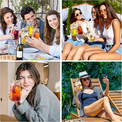 Miniatura 3 de Amzcku Tarros de vidrio vintage de 32 onzas con tapas de bambú y pajitas de acero inoxidable, tarro de conservas de boca ancha, reutilizable de 32