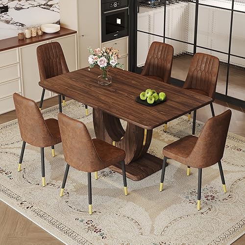 Miniatura 49 de JUFU Juego de mesa de comedor para 6 personas con sillas tapizadas de poliuretano, mesa y sillas de comedor de mármol sintético gris de 63 pulgadas,