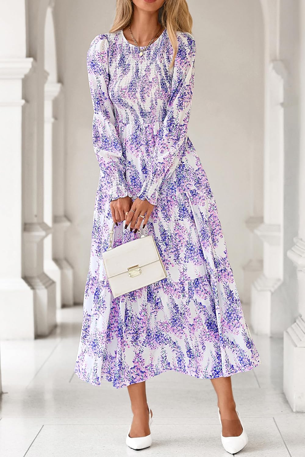 dowerme Maxi Dresses for Women 2026 Long Sleeve Floral Smocked A Line Polka Dot Flowy Boho Vacation Dress Spring Clothes - Image 7