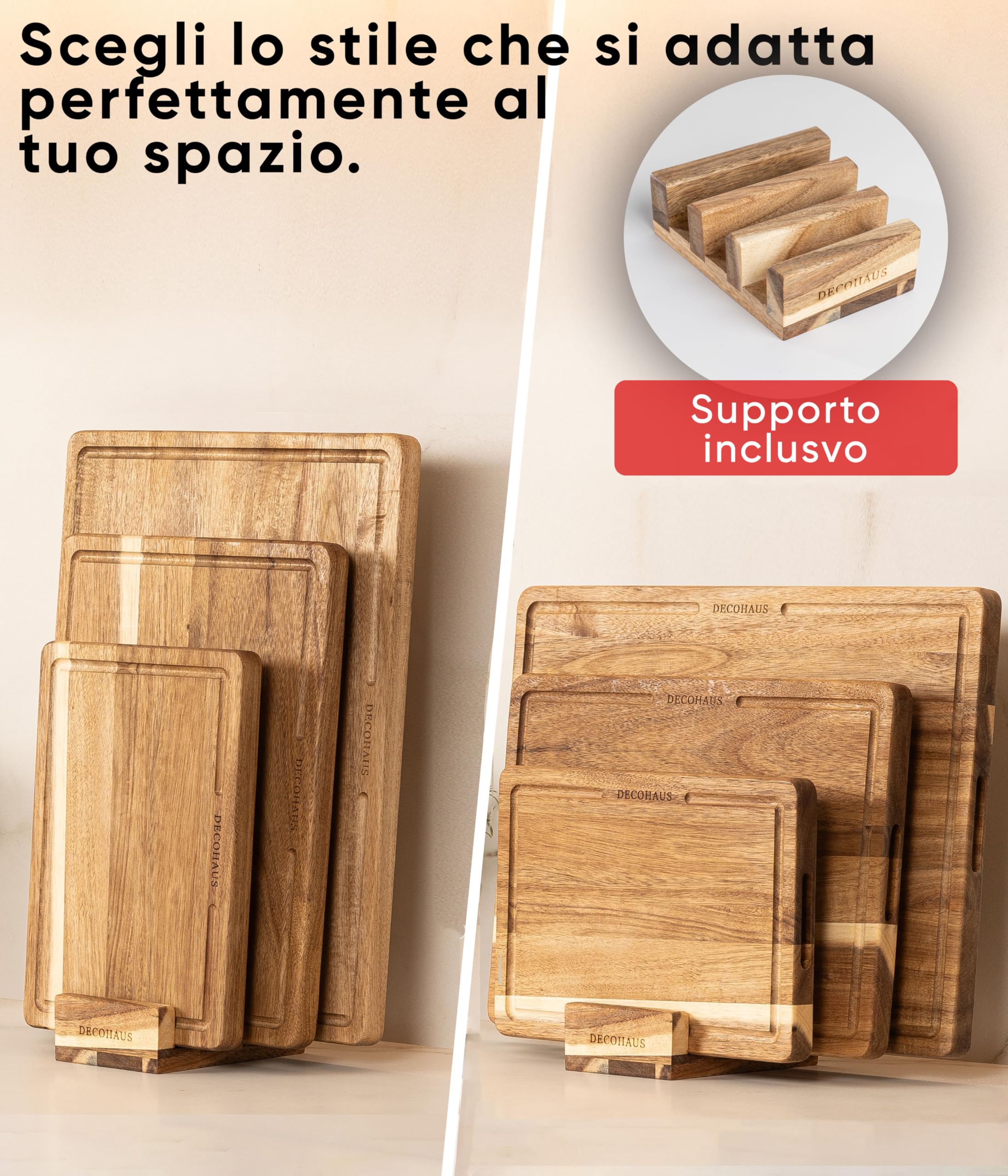 Deco haus Set di 3 Taglieri in legno di acacia robusta con scanalatura [SPESSORE 2 cm] - Taglieri con scanalatura per il succo - Chopping board 40x30, 33x24, 26x18