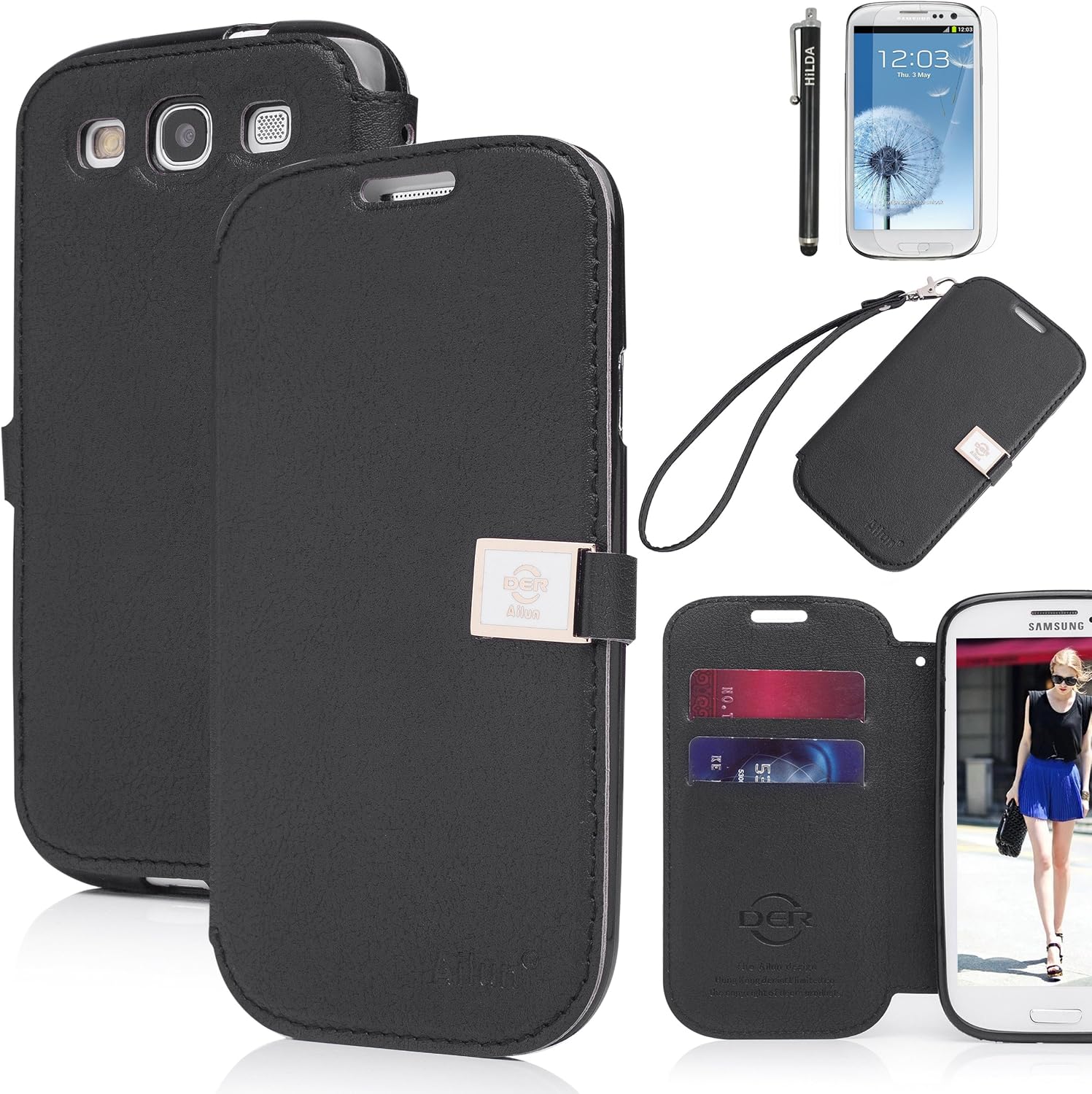 Galaxy S3 Case,By Ailun,Wallet Case,PU Leather Case, Credit Card Holder,Flip Cover Skin[Black],with Screen Protect and Styli Pen