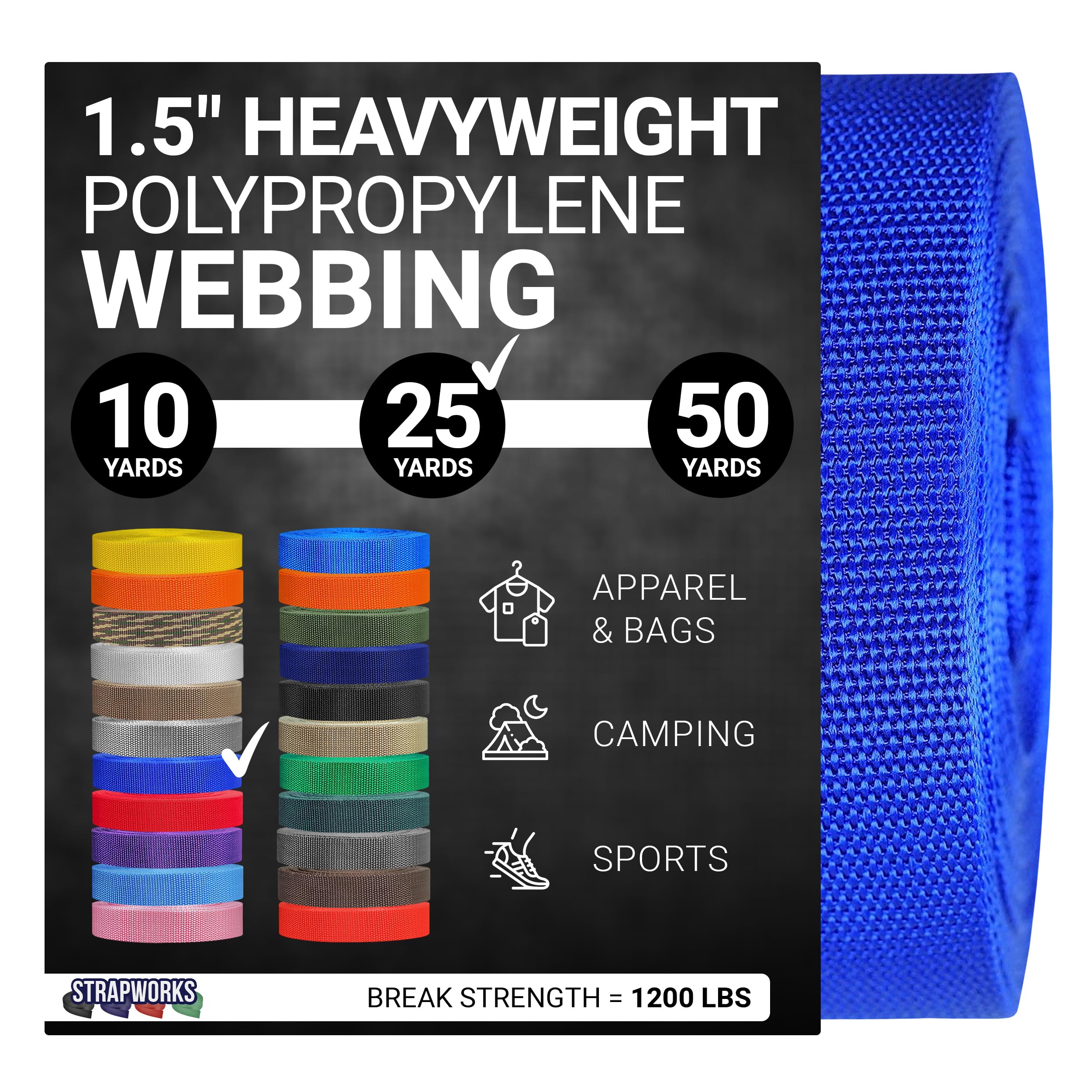 Strapworks Heavyweight Polypropylene Webbing - Heavy Duty Poly Strapping for Outdoor DIY Gear Repair, 1.5 Inches